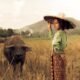 A woman in rural Indonesia stands in a paddy field with a buffalo, wearing traditional attire.